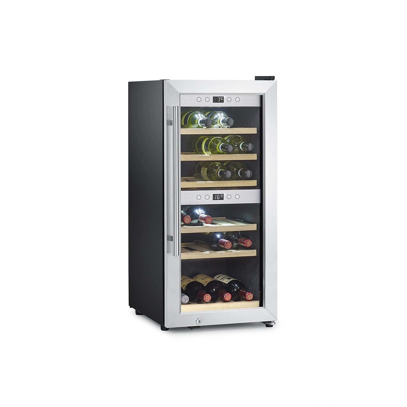 A modern wine cooler with a glass door and wooden shelves, filled with wine bottles.