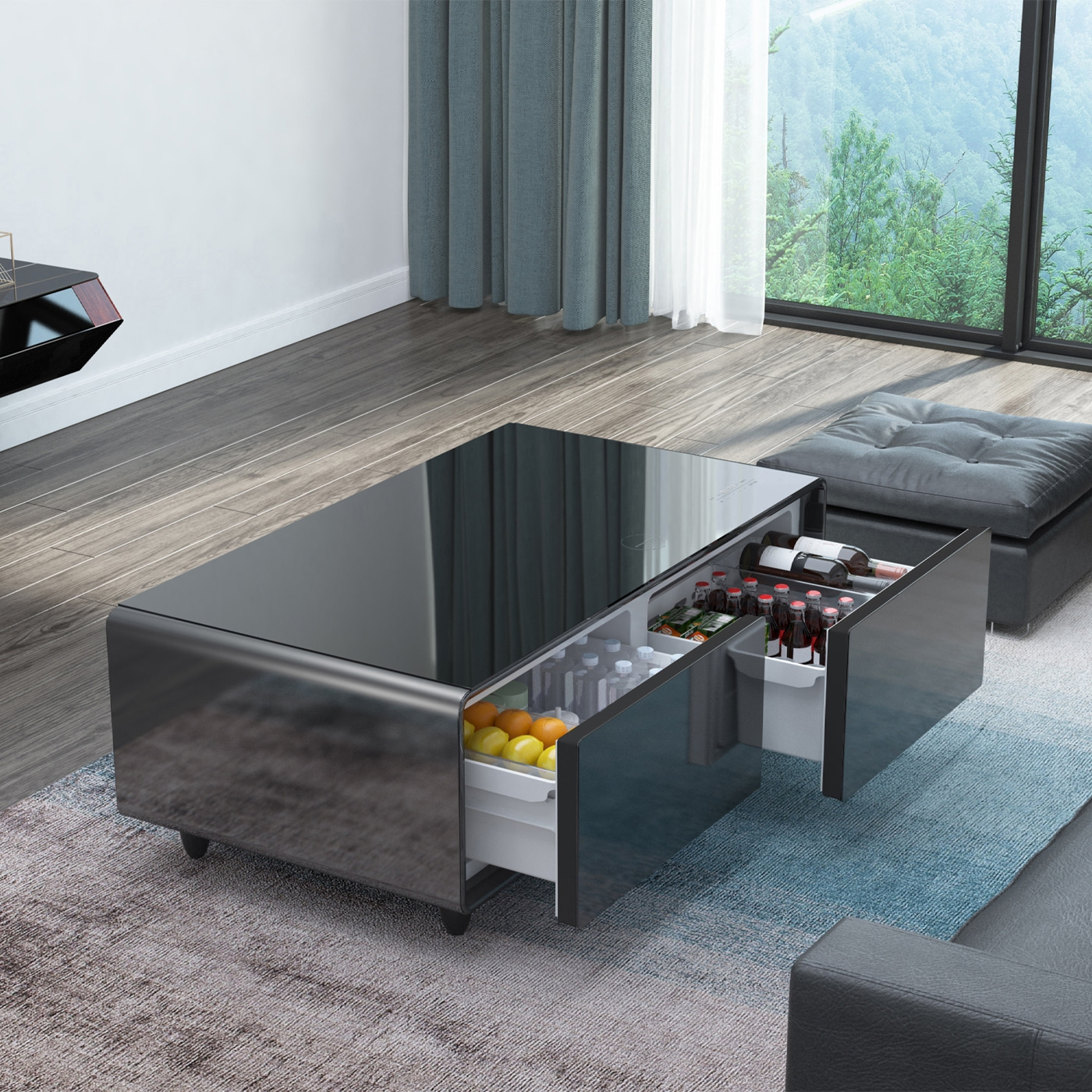 Modern coffee table with fridge and drinks, living room with a view