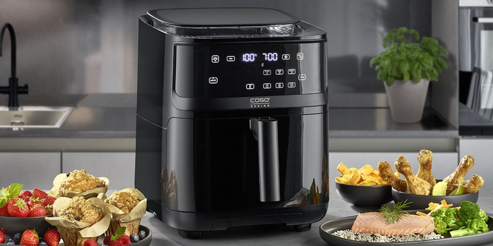 Black air fryer with food, kitchen, cooking, meal, food, appliance, healthy.