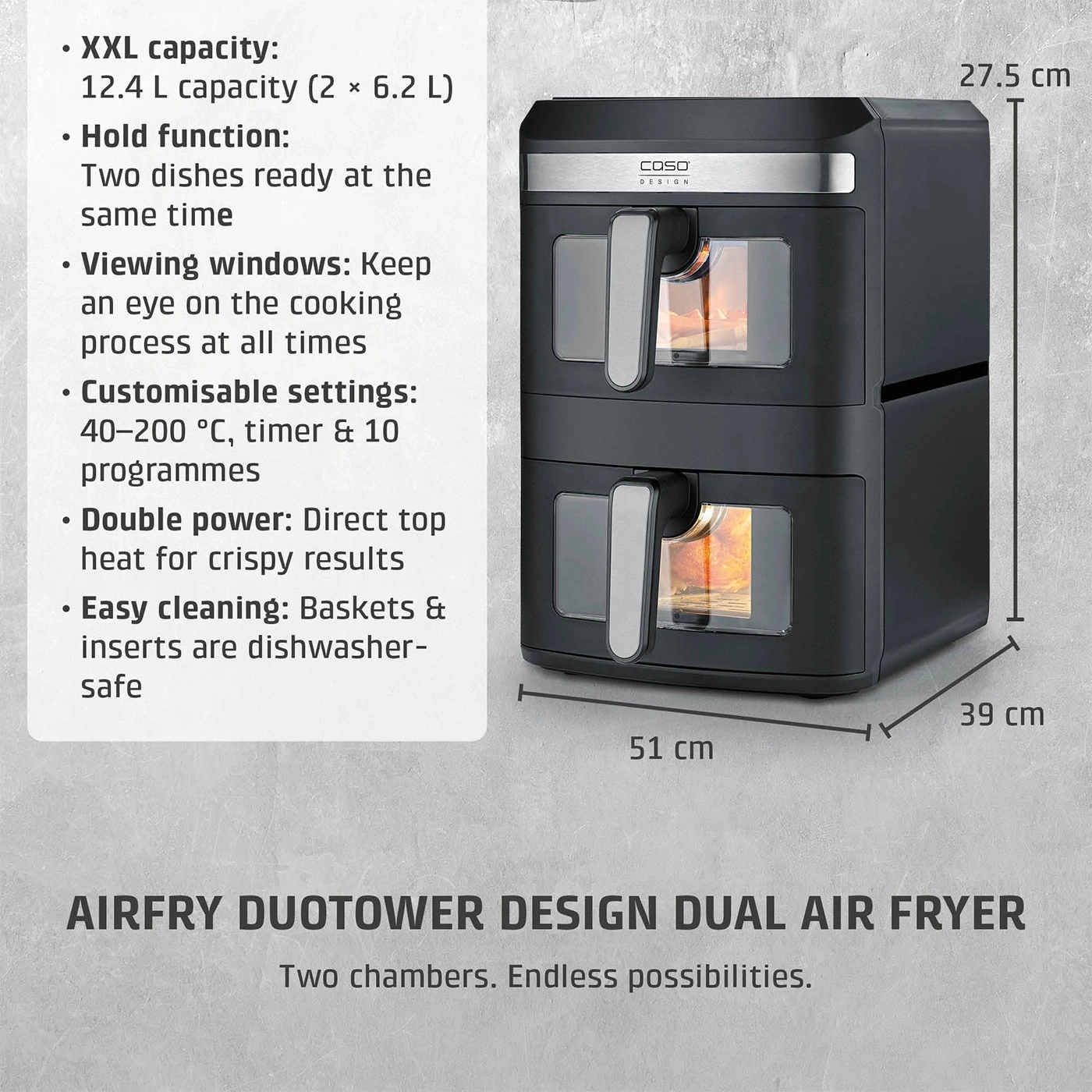 Design double hot air fryer with two chambers, 12.4 liters, 27.5 cm height, 51 cm and 39 cm width/depth.