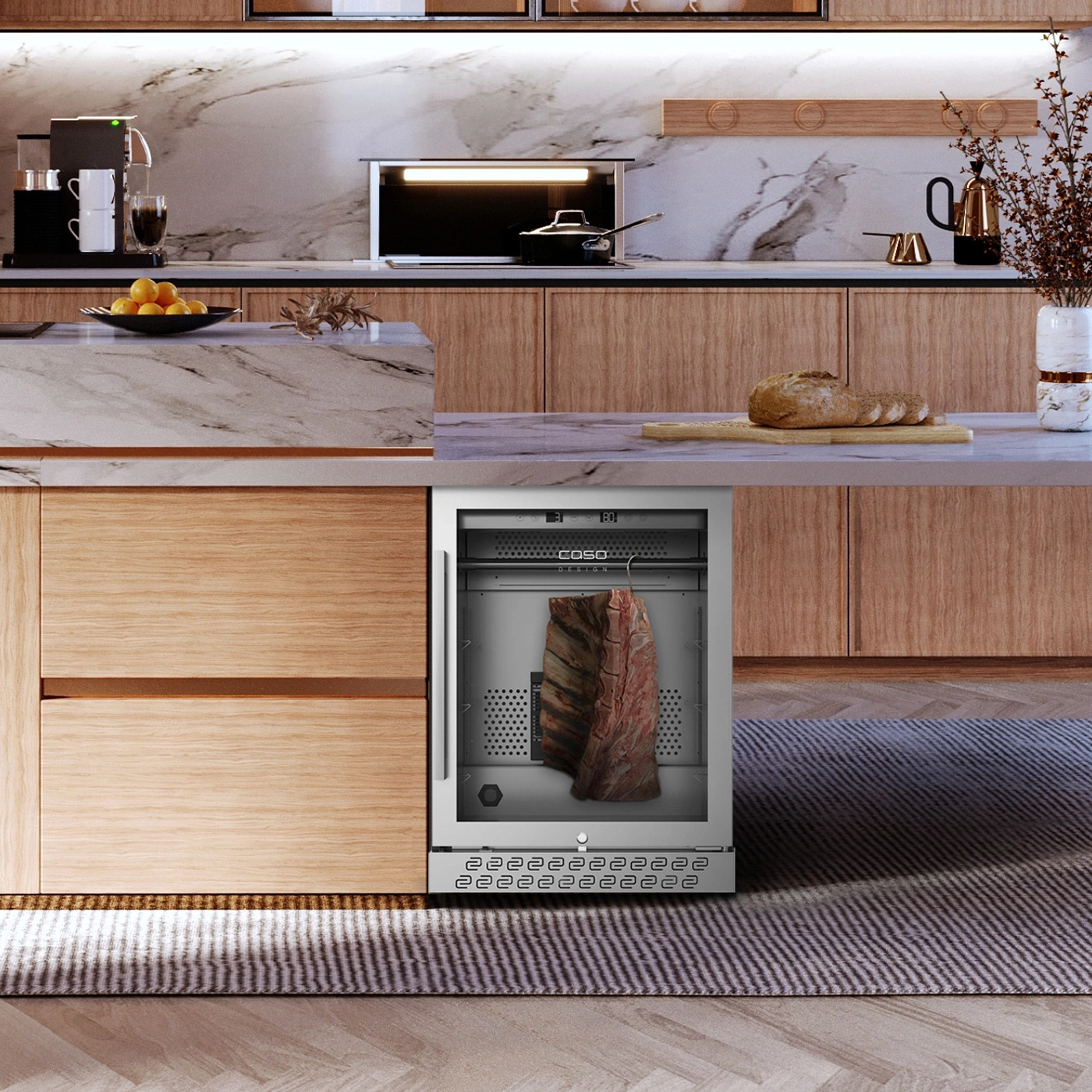 A modern kitchen cabinet with a meat aging fridge holding a piece of meat.