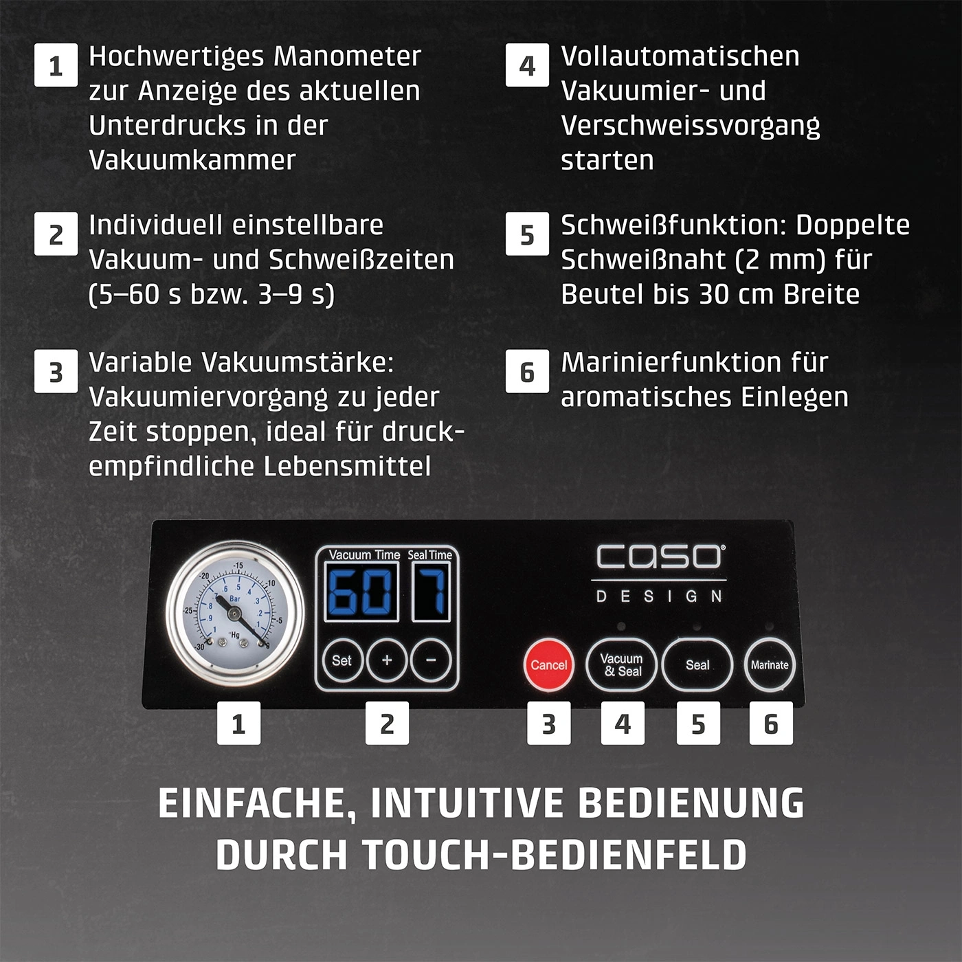 Vakuumiergerät mit Funktionen wie Manometer, einstellbaren Zeiten und Marinierfunktion.