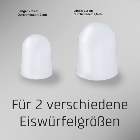 Zwei weiße Eiswürfelformen mit Größenangaben und dem Text 'Für 2 verschiedene Eiswürfelgrößen'.