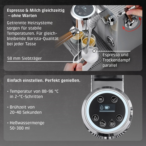 Eine Kaffeemaschine mit zwei Espressos und Dampfdüse im Einsatz.