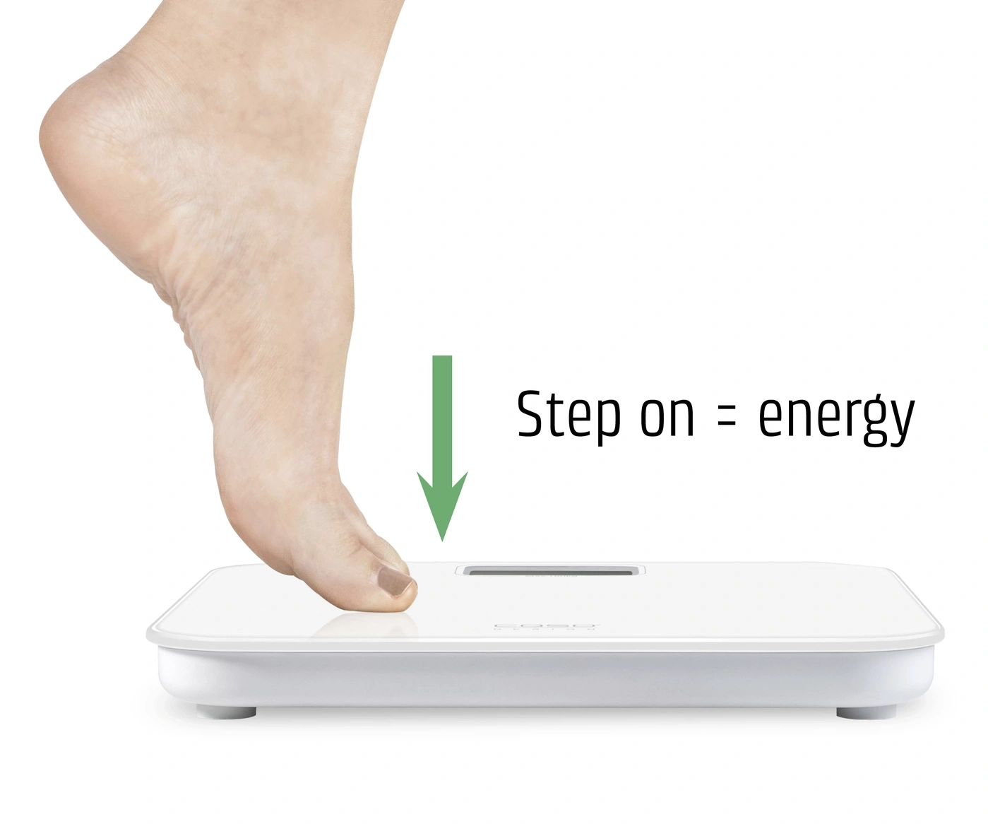 Fuß auf Waage, Pfeil, Text: Step on = energy. Konzept der Energie.
