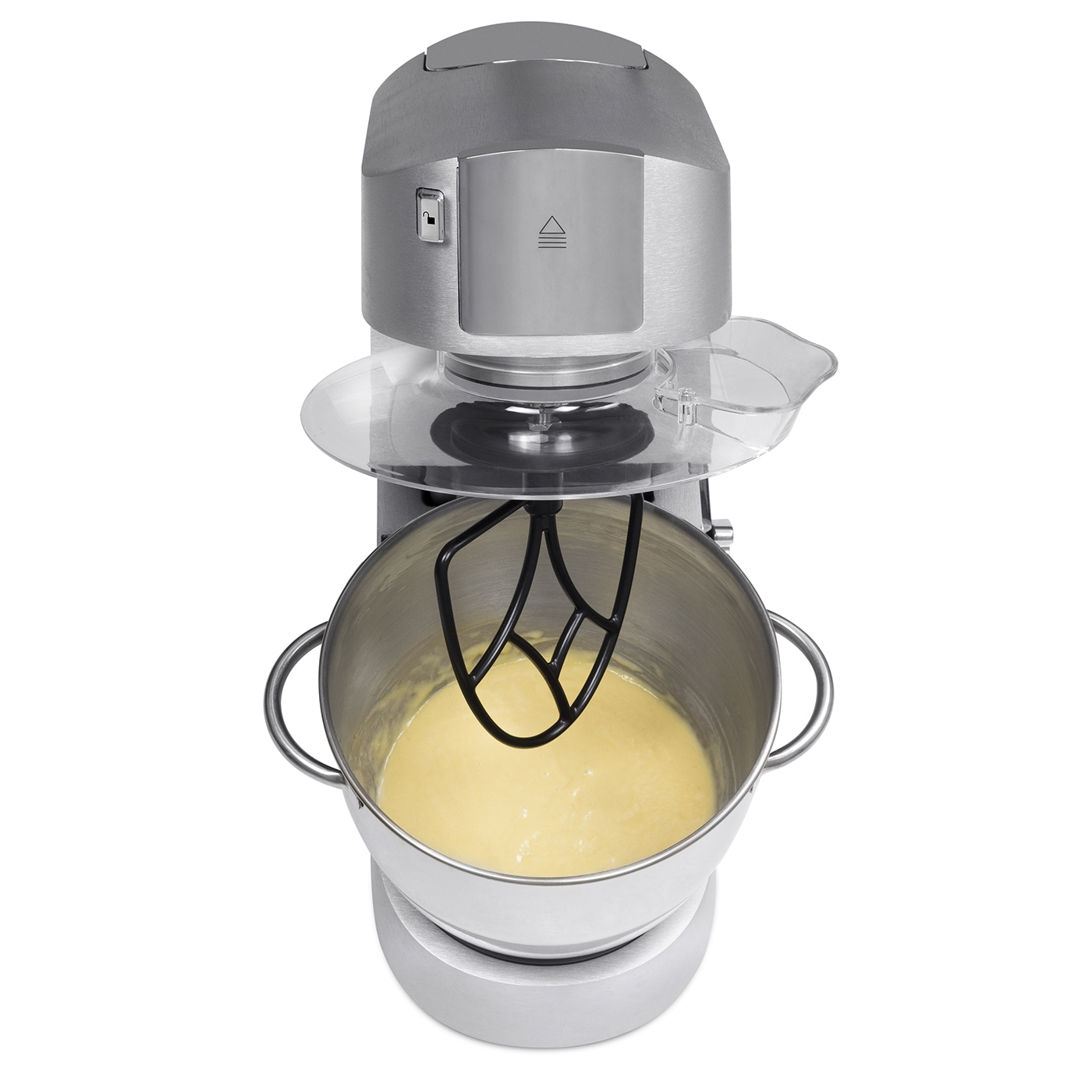 Kitchen mixer with bowl and beater mixing dough, isolated on white background