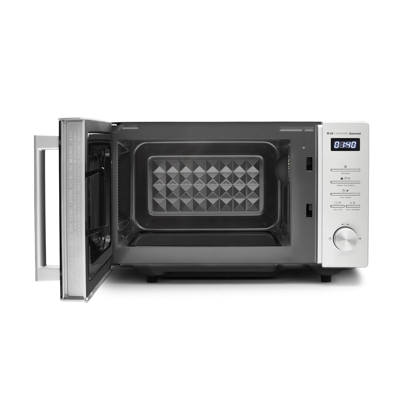 Microwave with open door, control panel, and digital display. Interior and controls are visible.