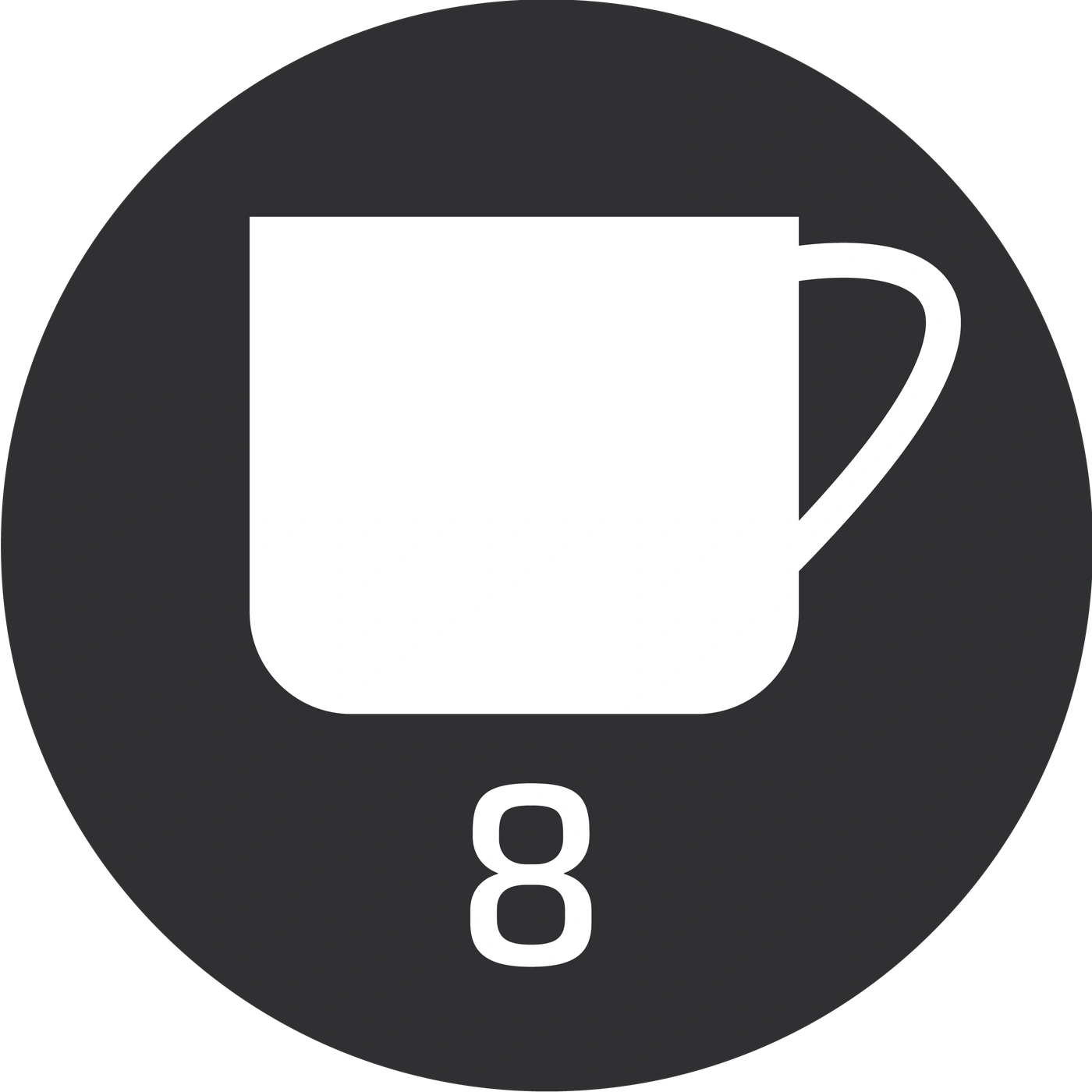 Symbol mit einer Tasse und der Zahl 8 in einem dunklen Kreis.