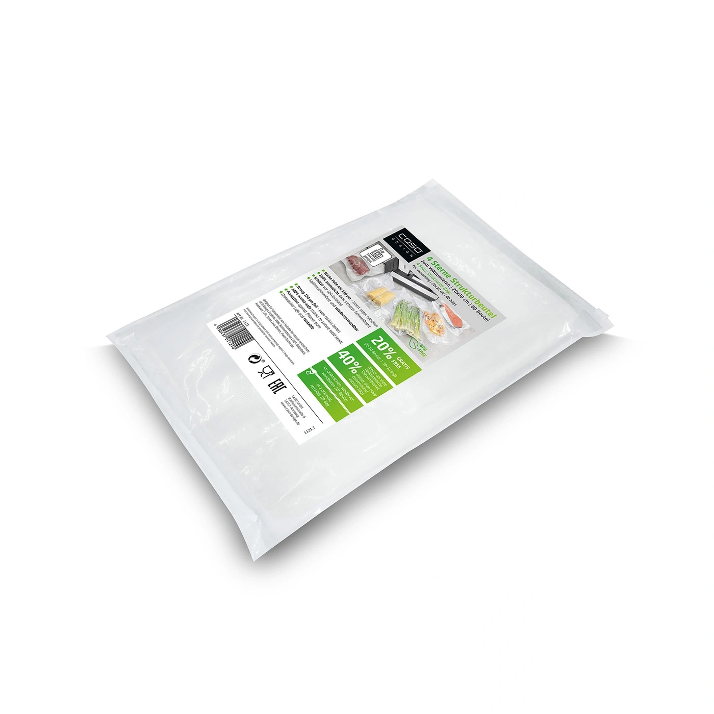 Vakuumbeutel-Packung mit 60 Beuteln, 20x30 cm, 4 Sterne Strukturbeutel, BPA-frei, wiederverwendbar.