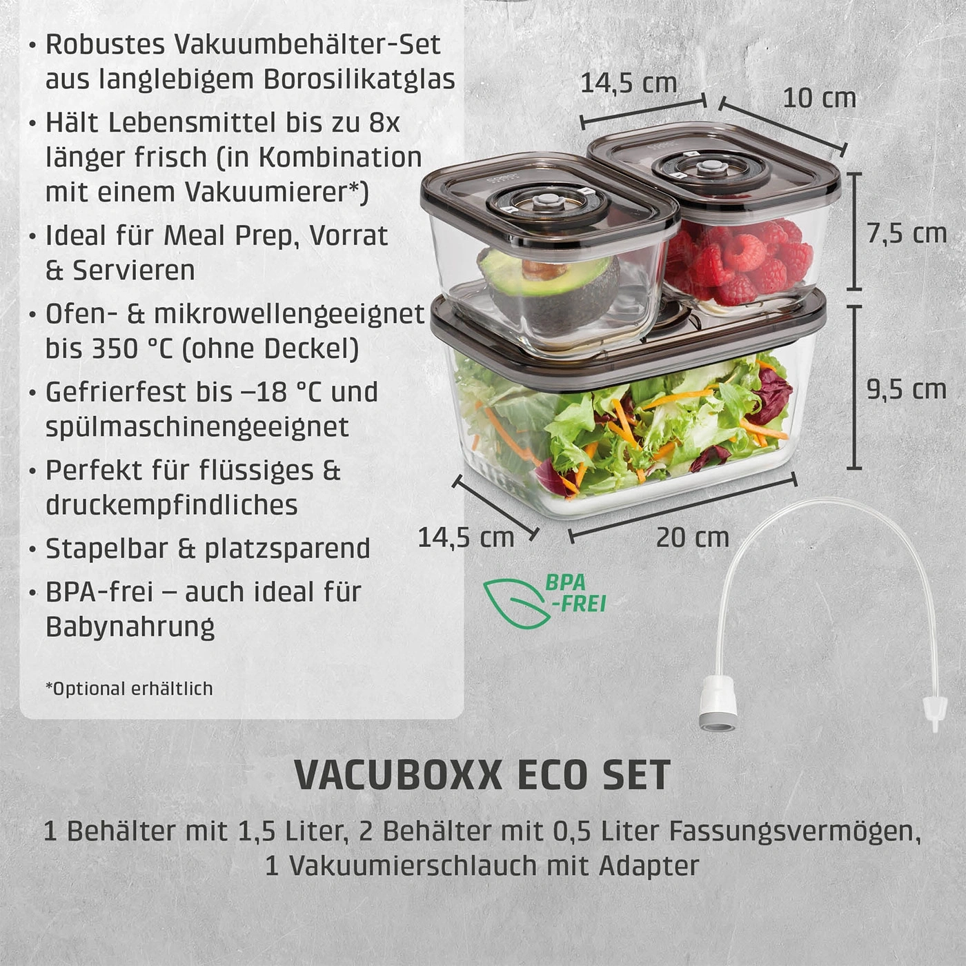 Vakuumbehälter-Set aus Borosilikatglas mit Maßen und Inhalt.