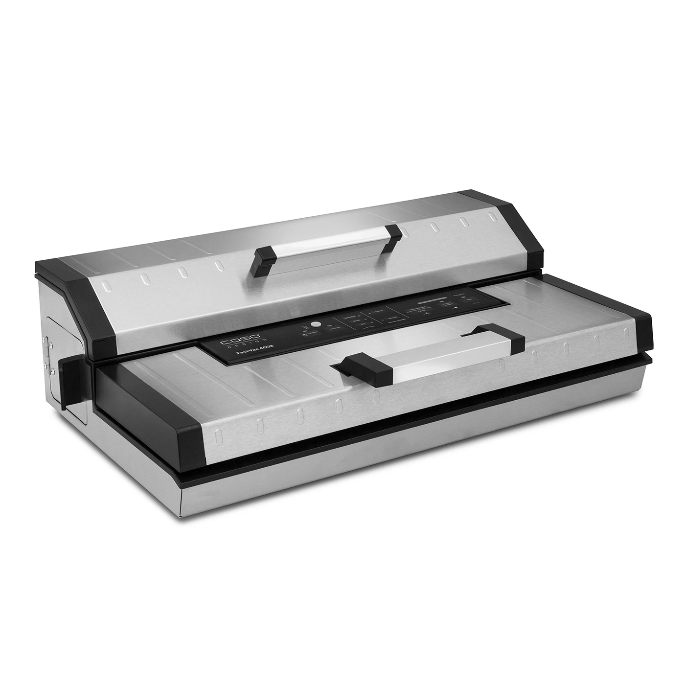 Stainless steel vacuum sealer with handles and control panel for kitchen use
