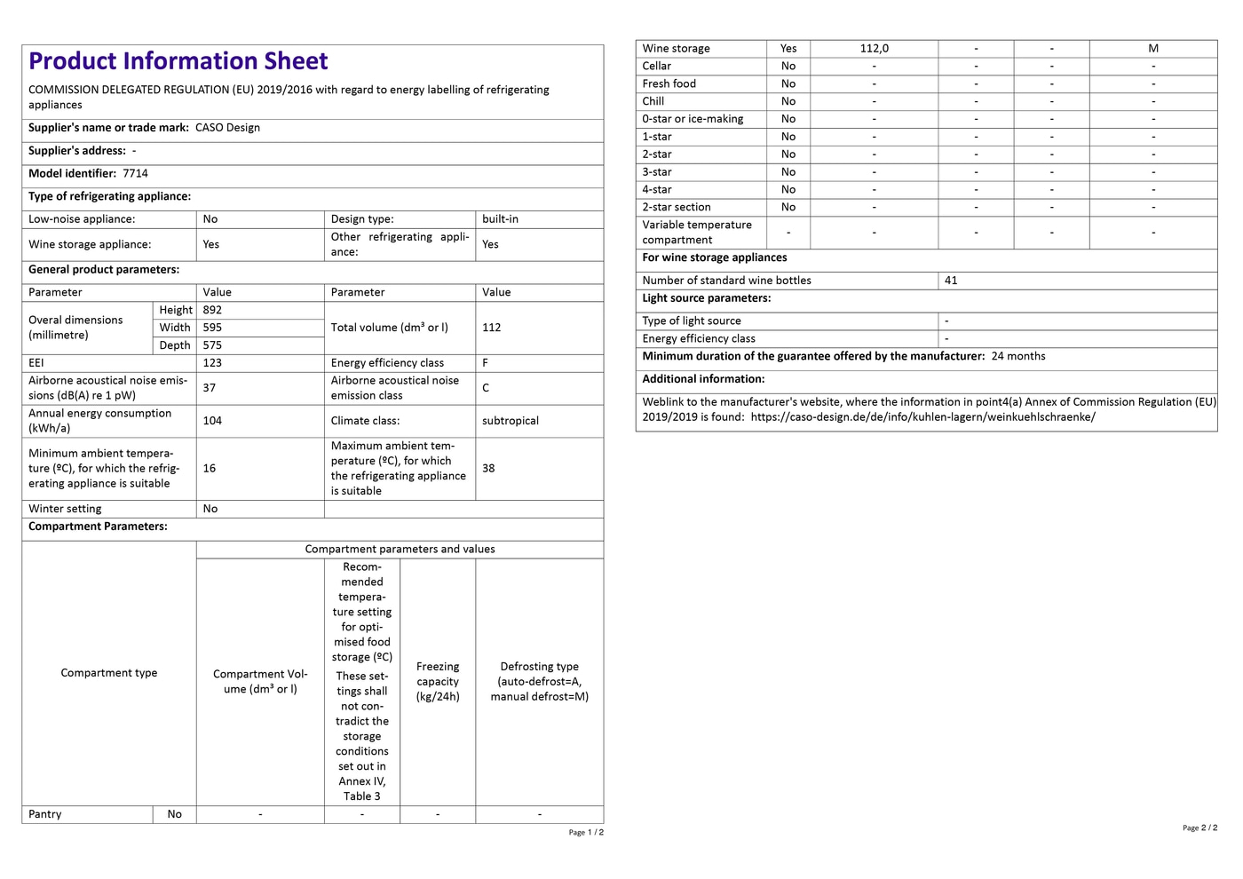 Product data sheet with technical specifications of refrigerators, including energy efficiency.