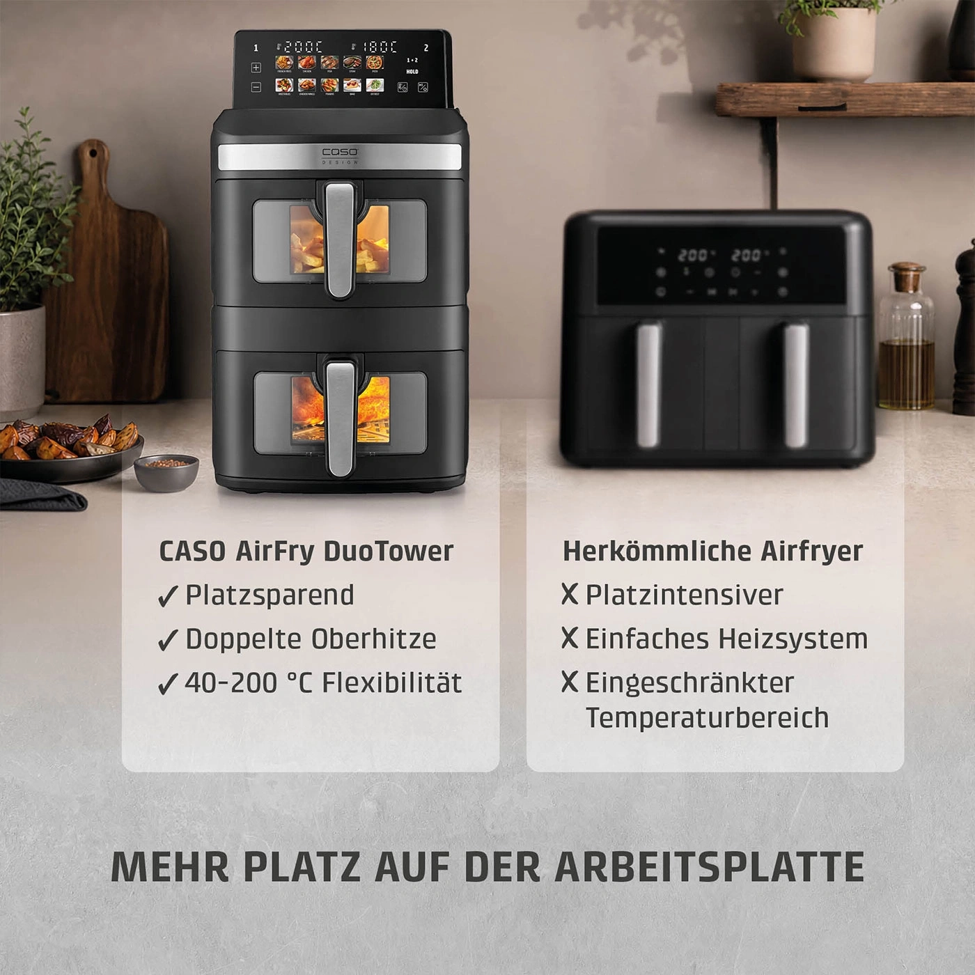 CASO AirFry DuoTower versus herkömmlicher Airfryer auf der Arbeitsplatte