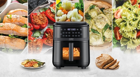Air fryer with various dishes: salmon, peppers, vegetables, pasta, bread, and fries.