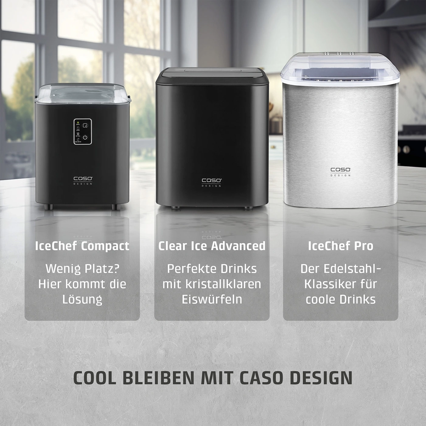 Drei Caso Design Eismaschinen auf einer Marmoroberfläche, mit Text.