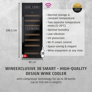 Wine cooler with 38 bottles, Wi-Fi, UV protection, 106.5 cm high, 40 cm wide.