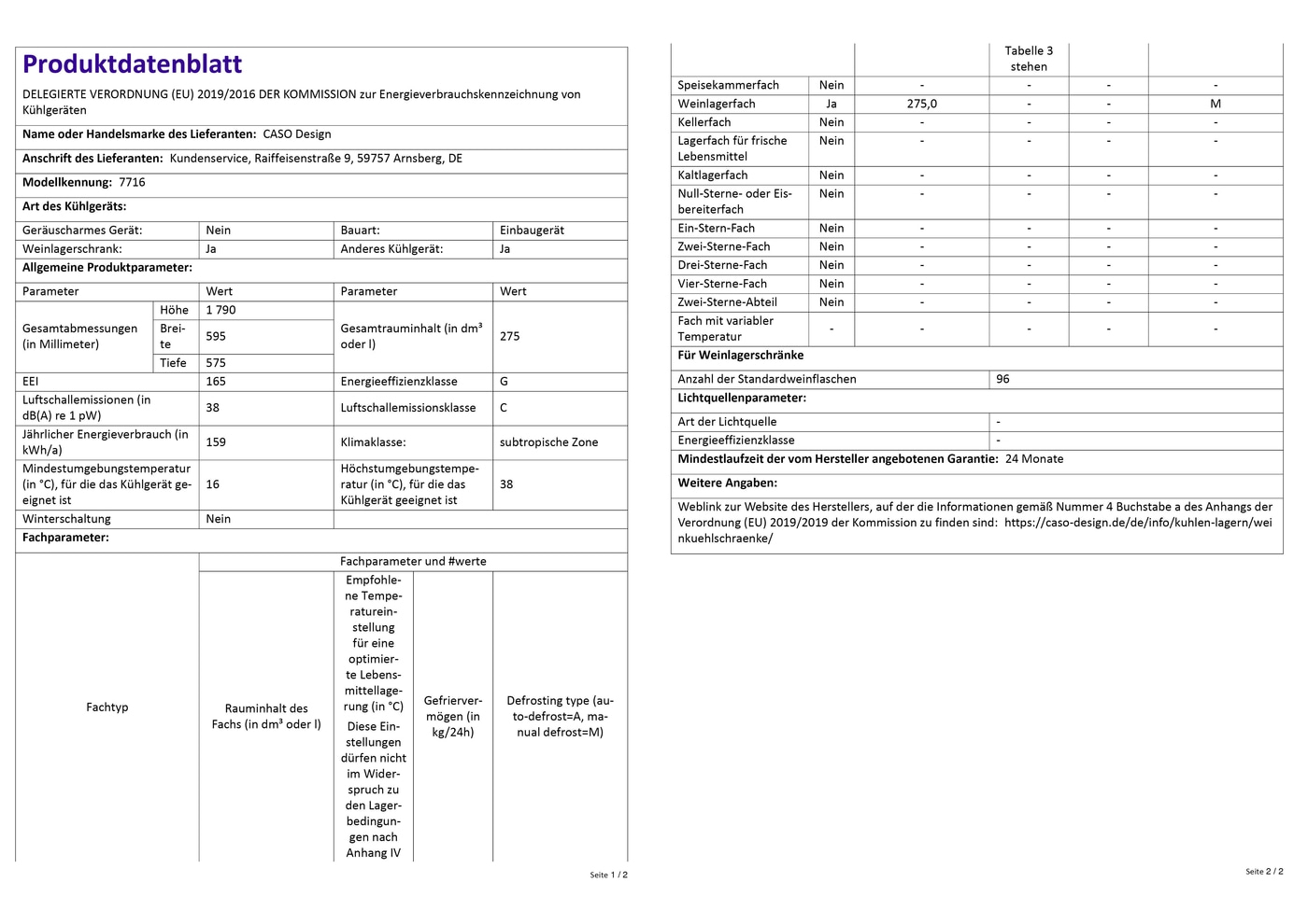 Produktdatenblatt mit technischen Daten für Kühlgeräte, Energieeffizienz, Weinlagerschrank.