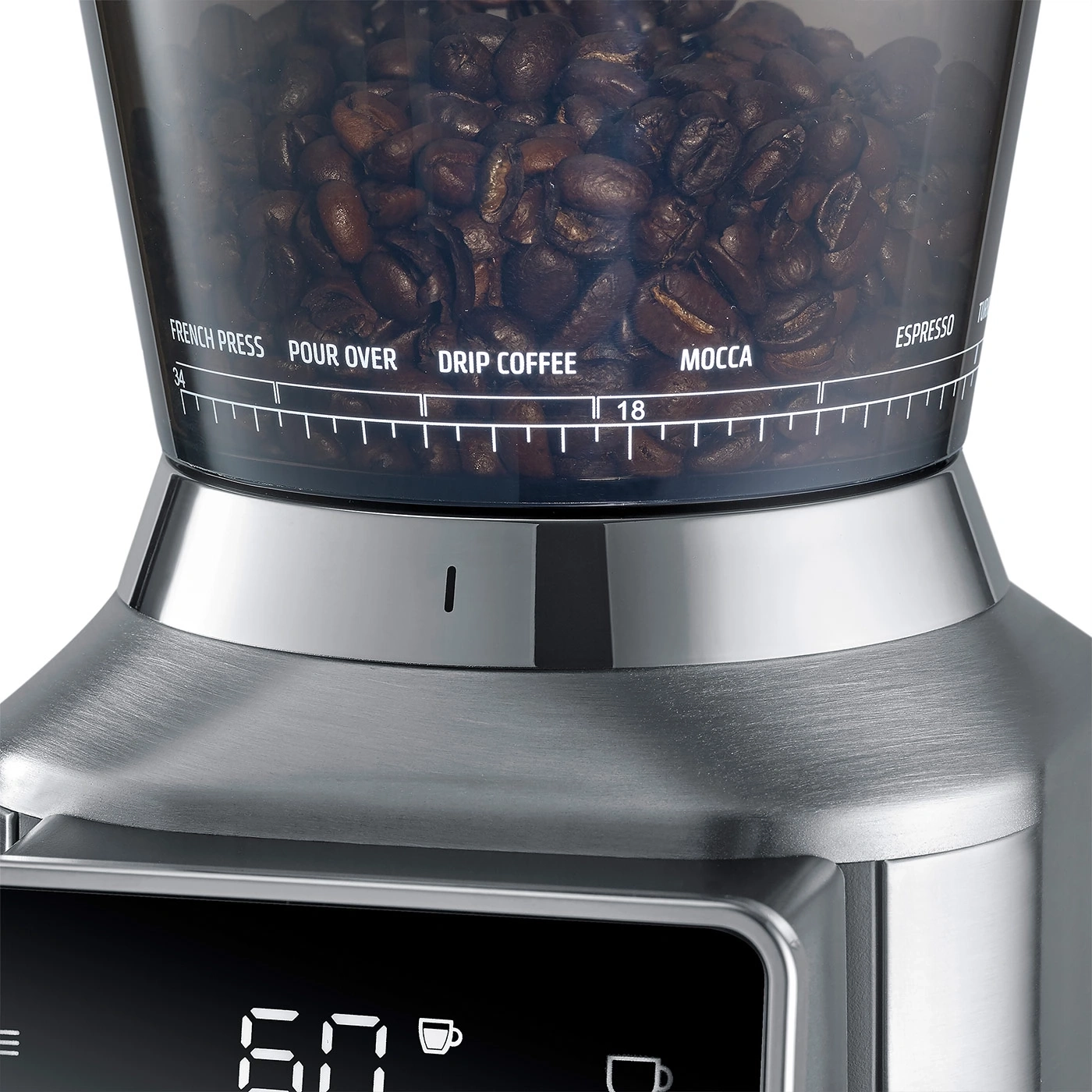 Kaffeemühle mit Mahlgrad-Einstellung für French Press, Pour Over, Drip Coffee, Mocca und Espresso.