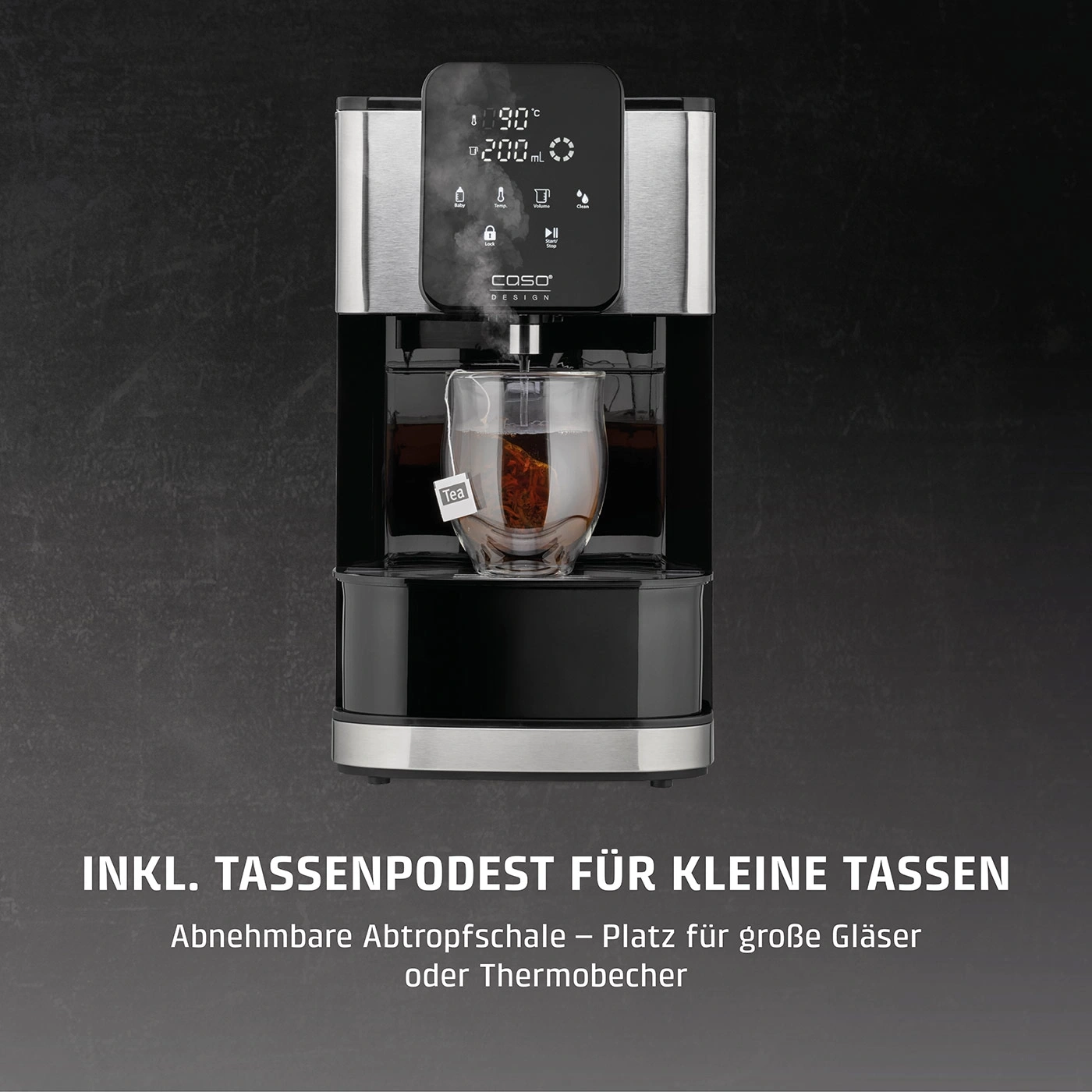 Teemaschine mit Tassenpodest, Temperaturanzeige, und abnehmbarer Abtropfschale für Gläser.