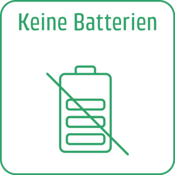 Keine Batterien, Symbol mit durchgestrichener Batterie, grün auf weißem Hintergrund.