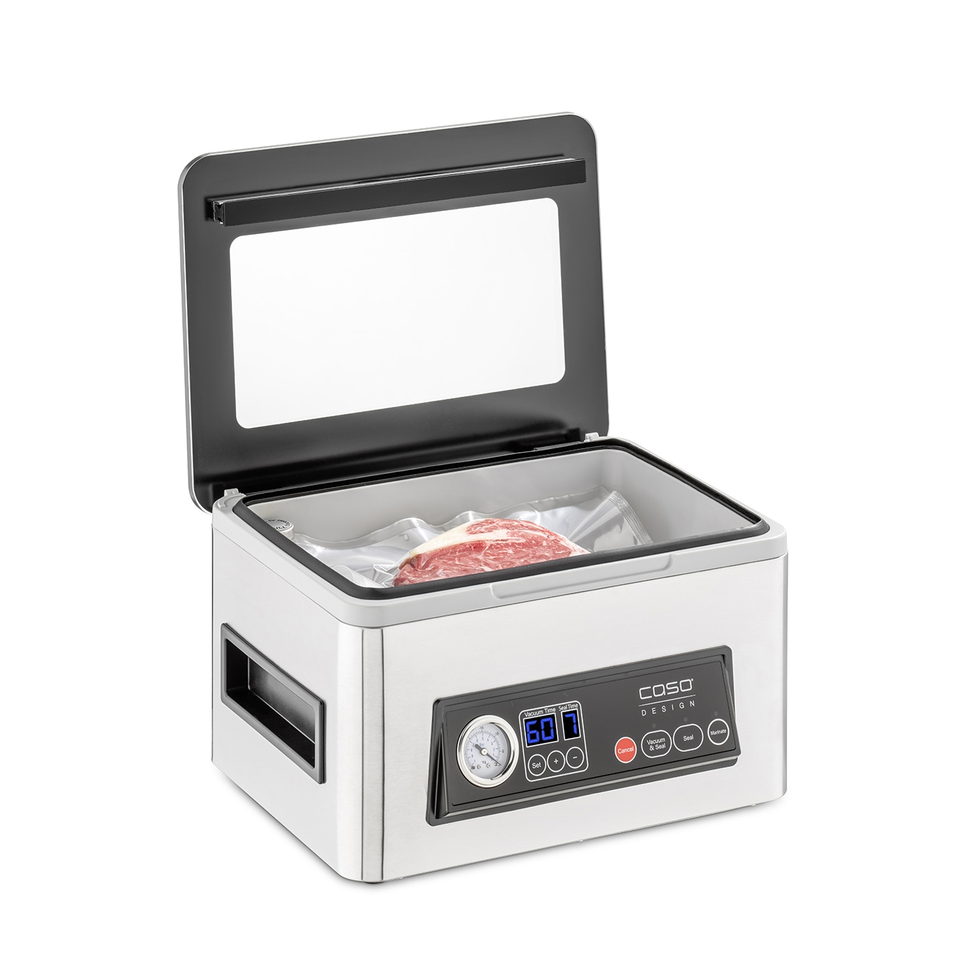 Vacuum sealer with meat. Stainless steel, control panel, vacuum, seal, marinate, Caso Design.