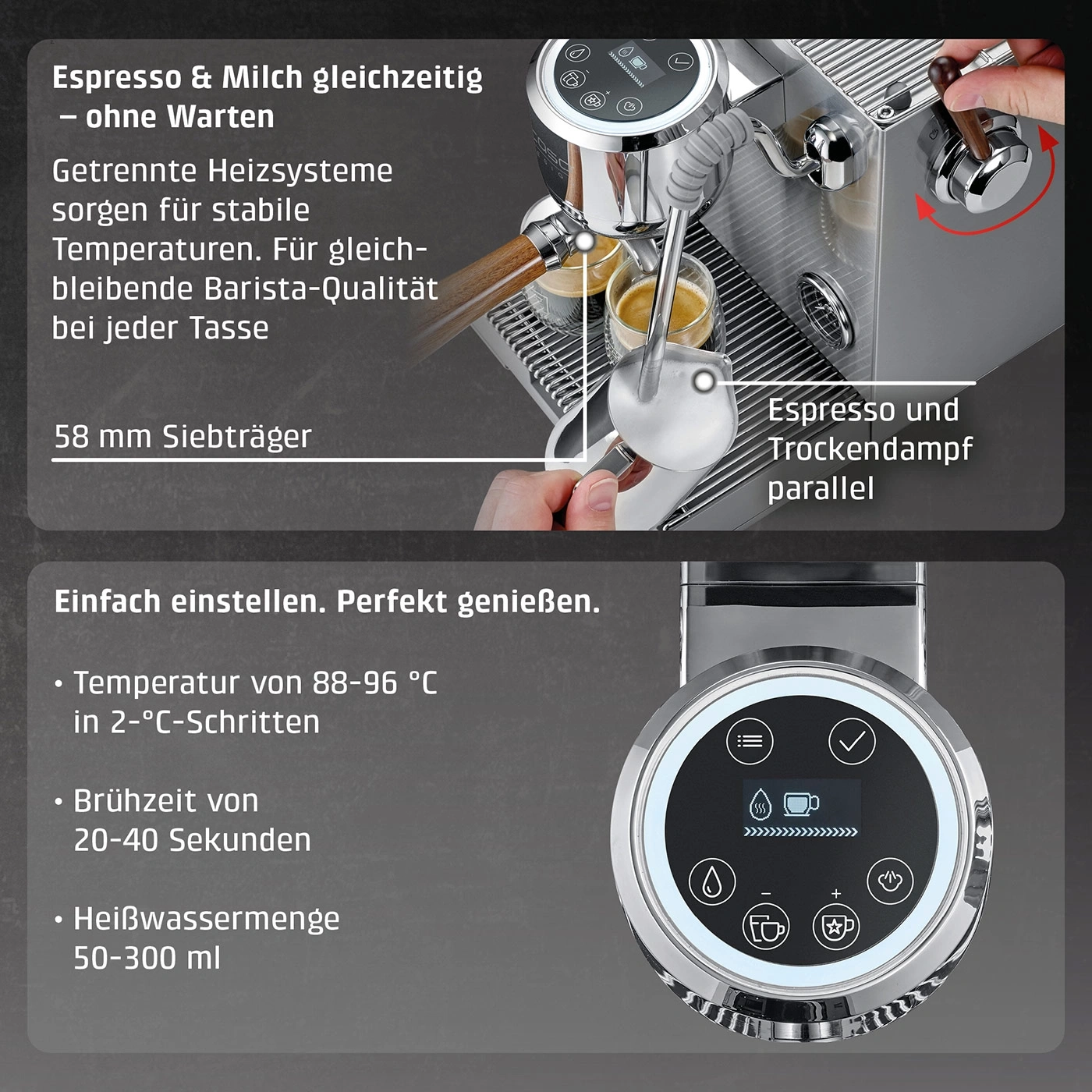Kaffeeautomat mit deutschem Text und Bedienfeld