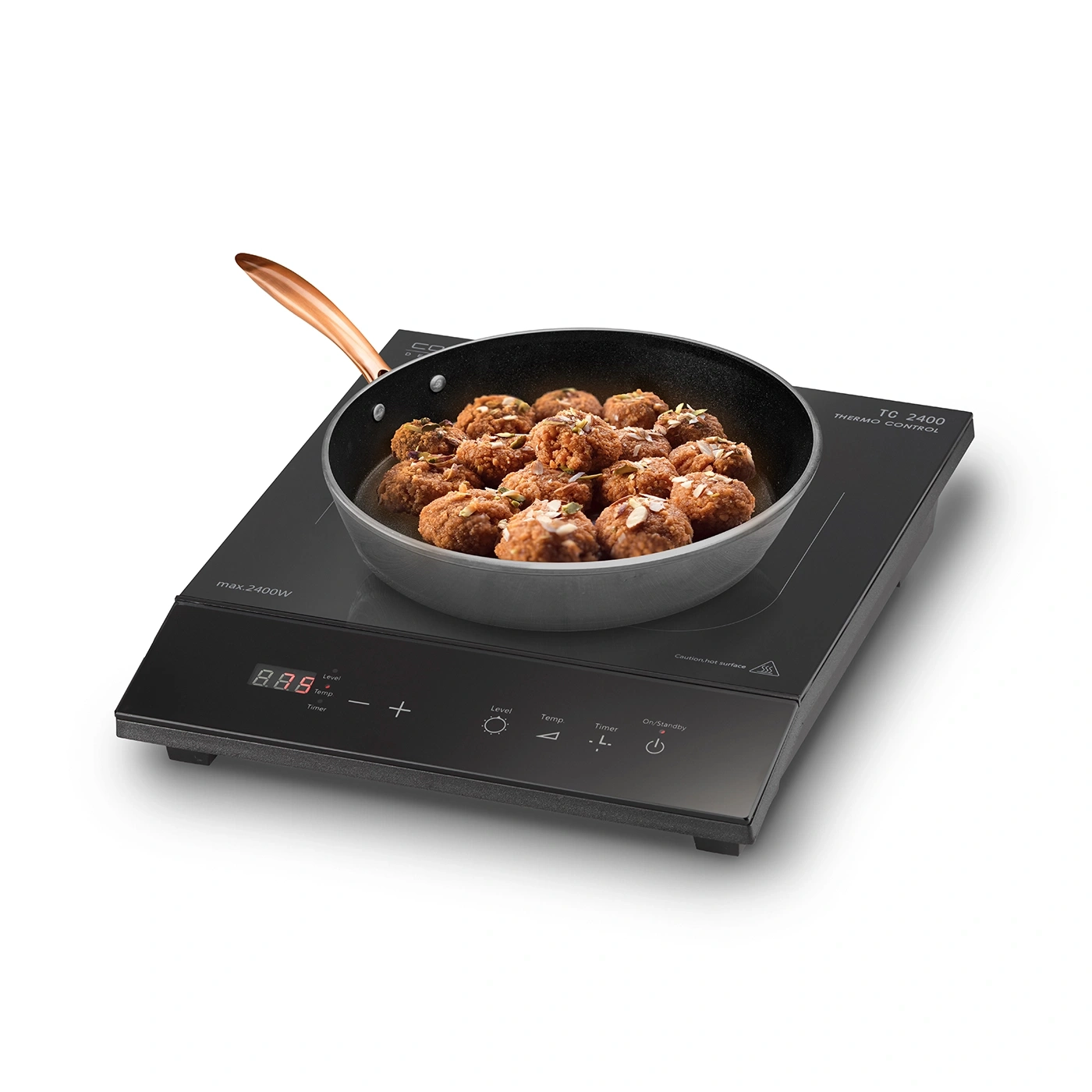 Induction cooktop with pan and meatballs, cooktop with control panel and display