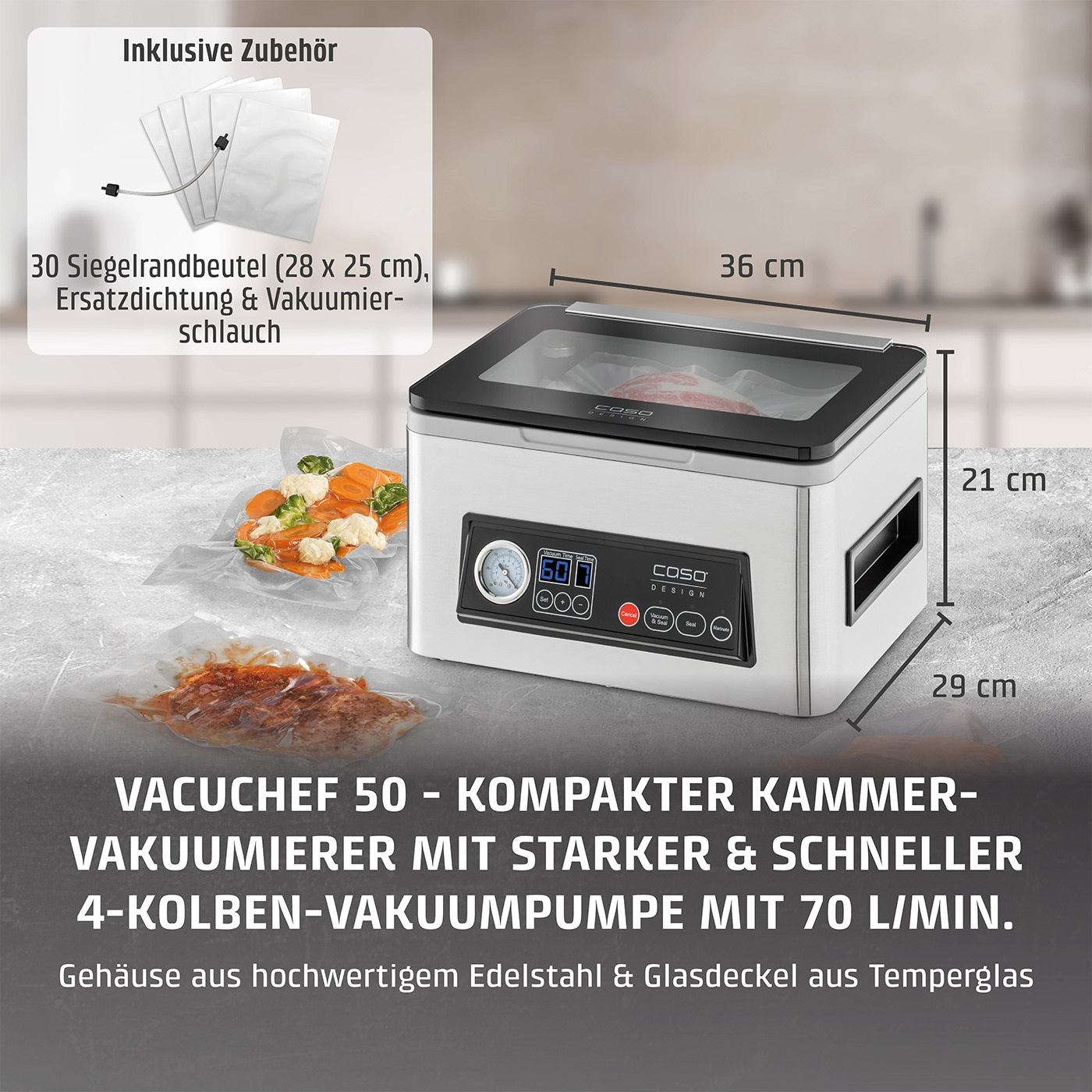 Vacuum sealer with accessories, 36x21x29cm, stainless steel housing, glass lid, 70L/min pump, 30 bags