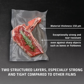 Raw steak in vacuum bag with rosemary sprig, strong foil