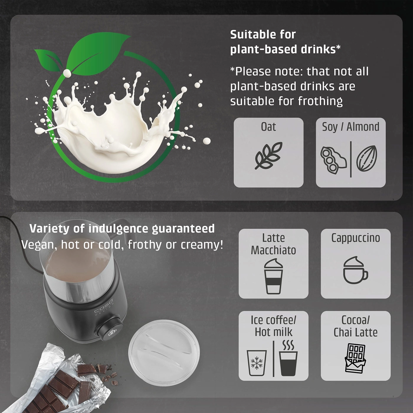 Milk frother with options for drinks like latte macchiato and cappuccino.