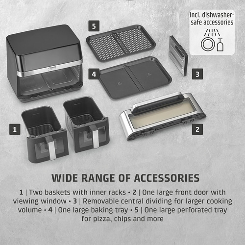 Air fryer with accessories: baskets, baking sheet, divider, perforated sheet, door with window.