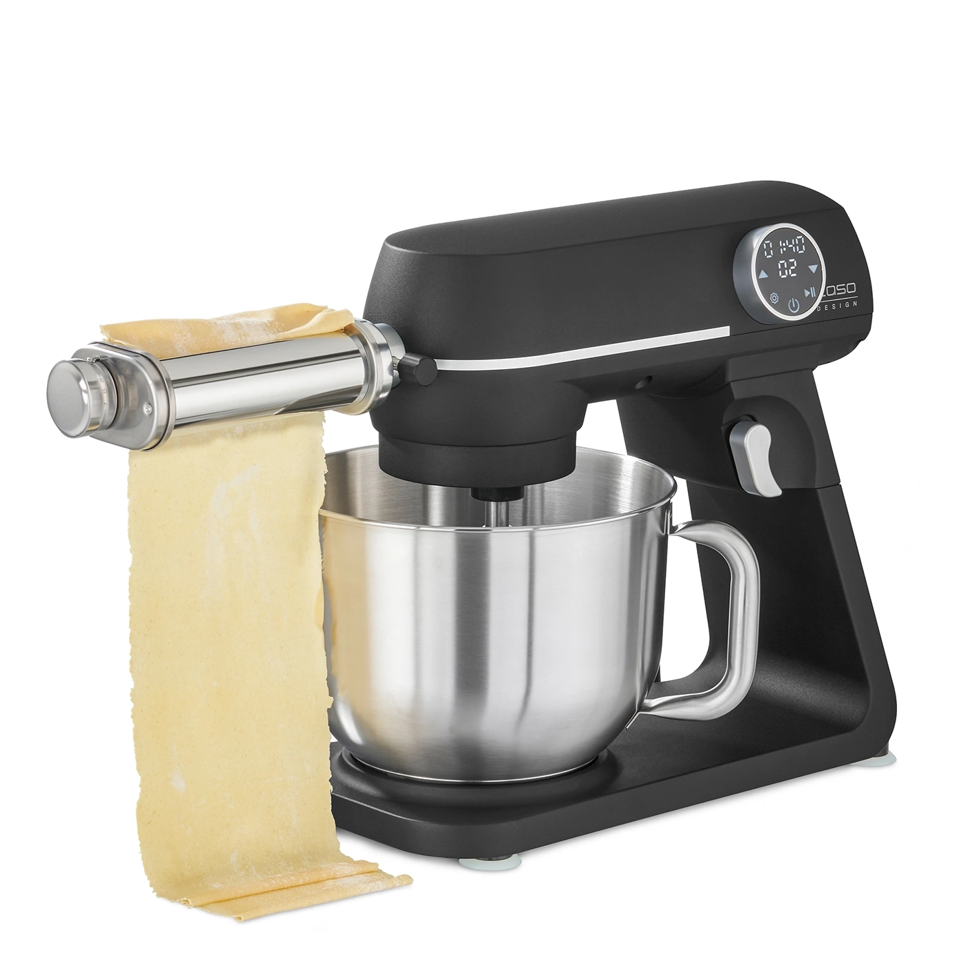 Black kitchen machine with pasta maker, dough being processed, stainless steel bowl