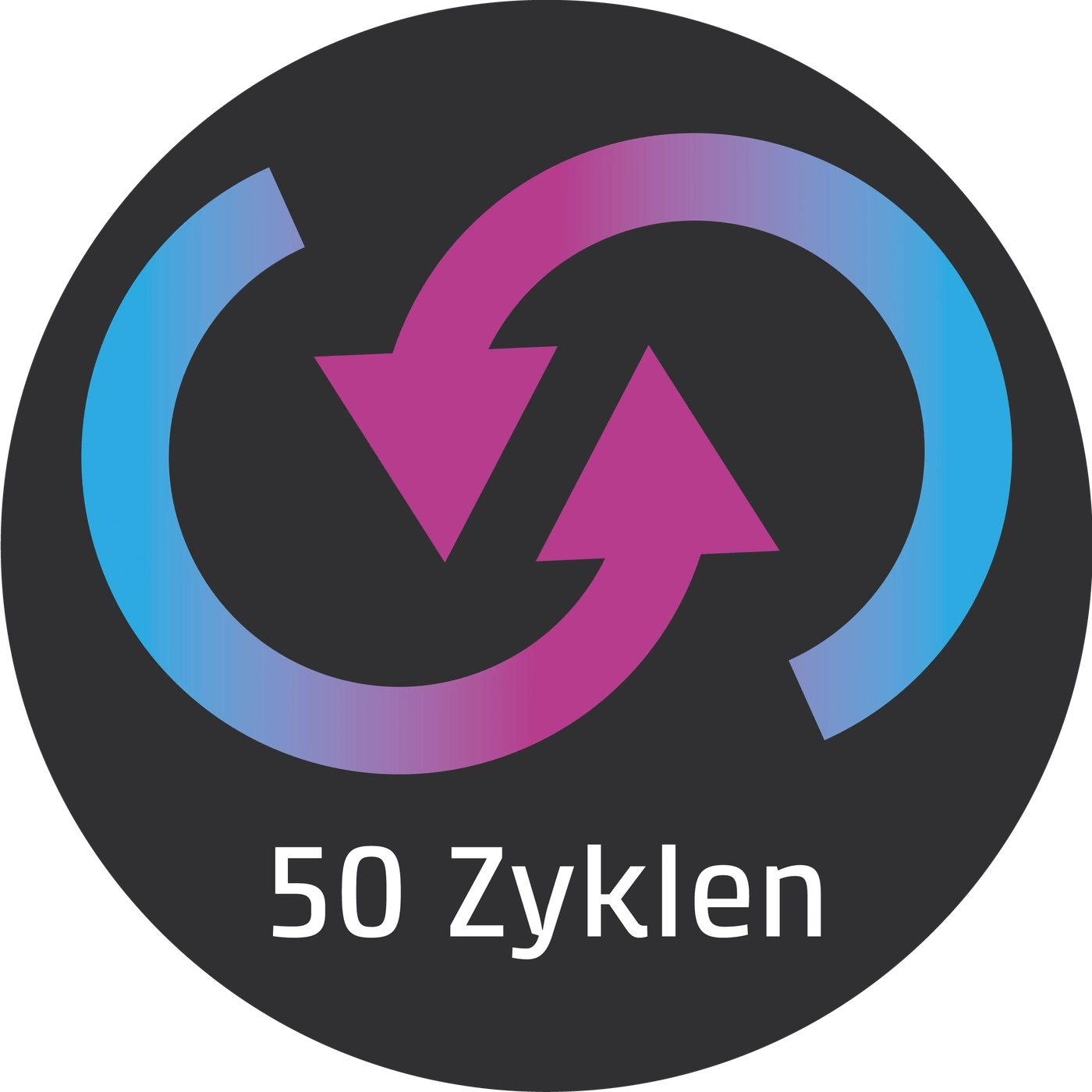 Kreisförmiges Logo mit Pfeilen und der Aufschrift 50 Zyklen auf schwarzem Hintergrund.