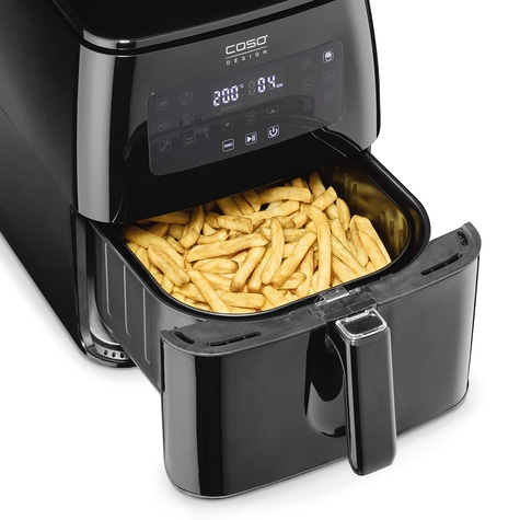 Black air fryer with french fries, control panel with temperature display and timer.