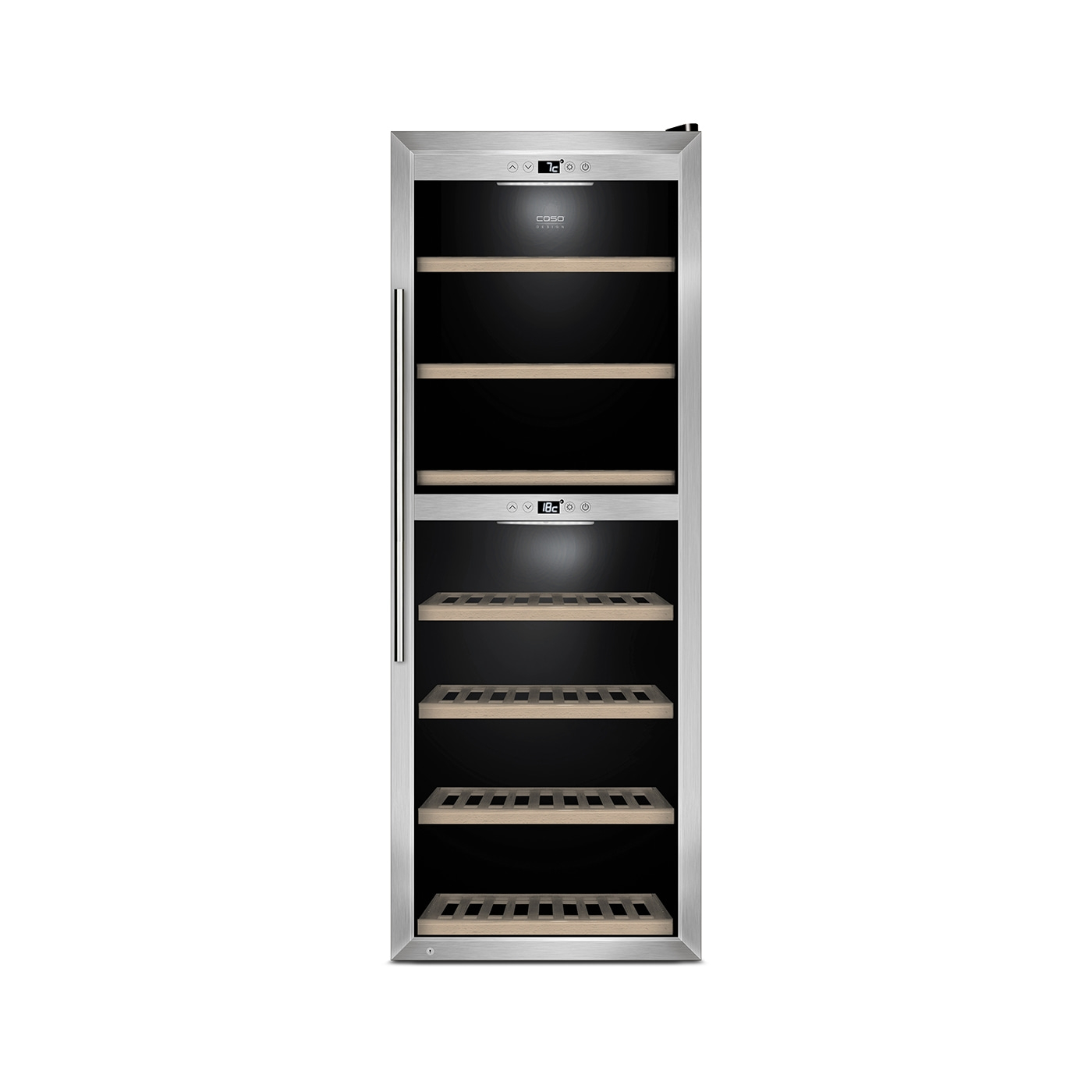 Wine cooler with wooden shelves and temperature display, stainless steel frame