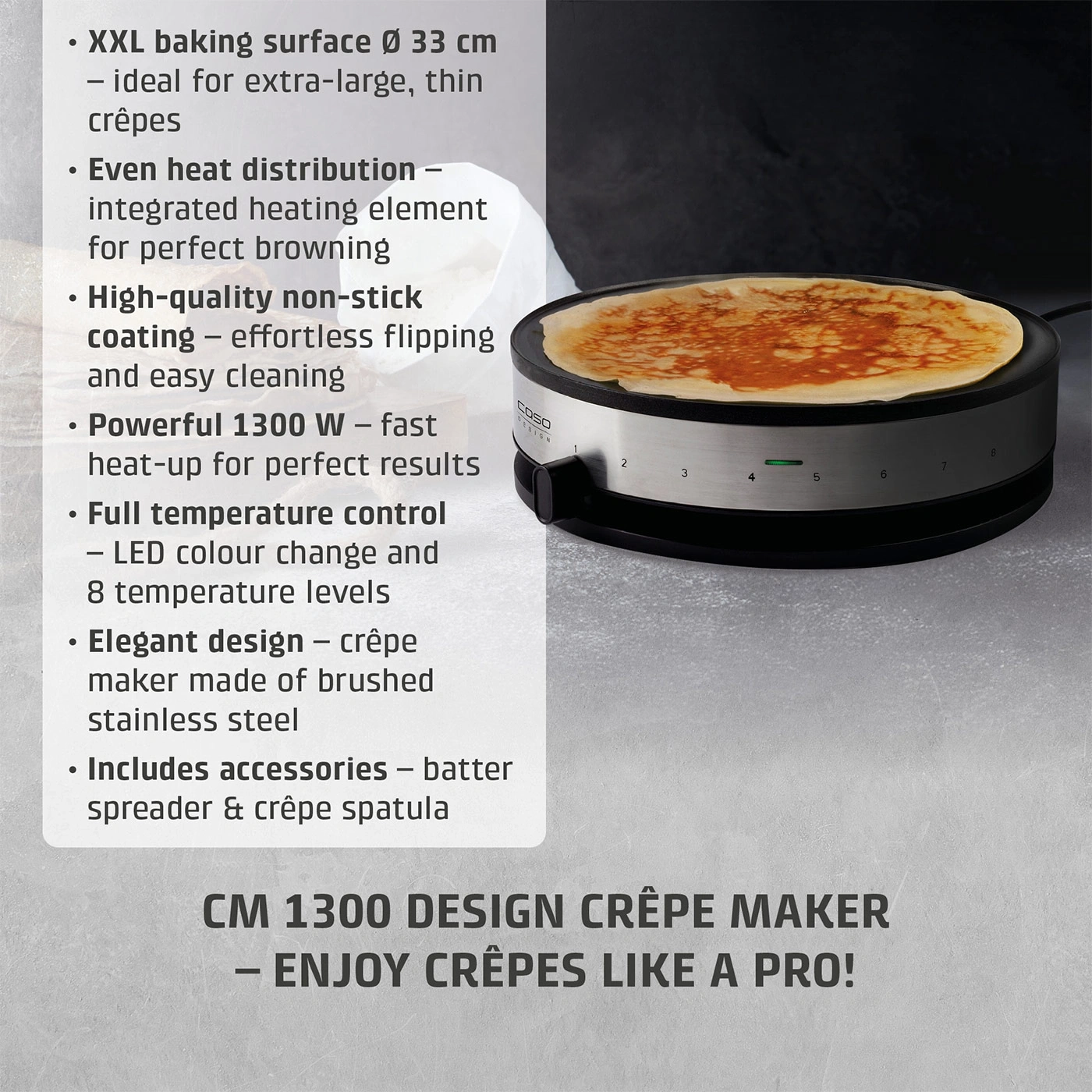 Crepe maker with XXL baking surface and accessories