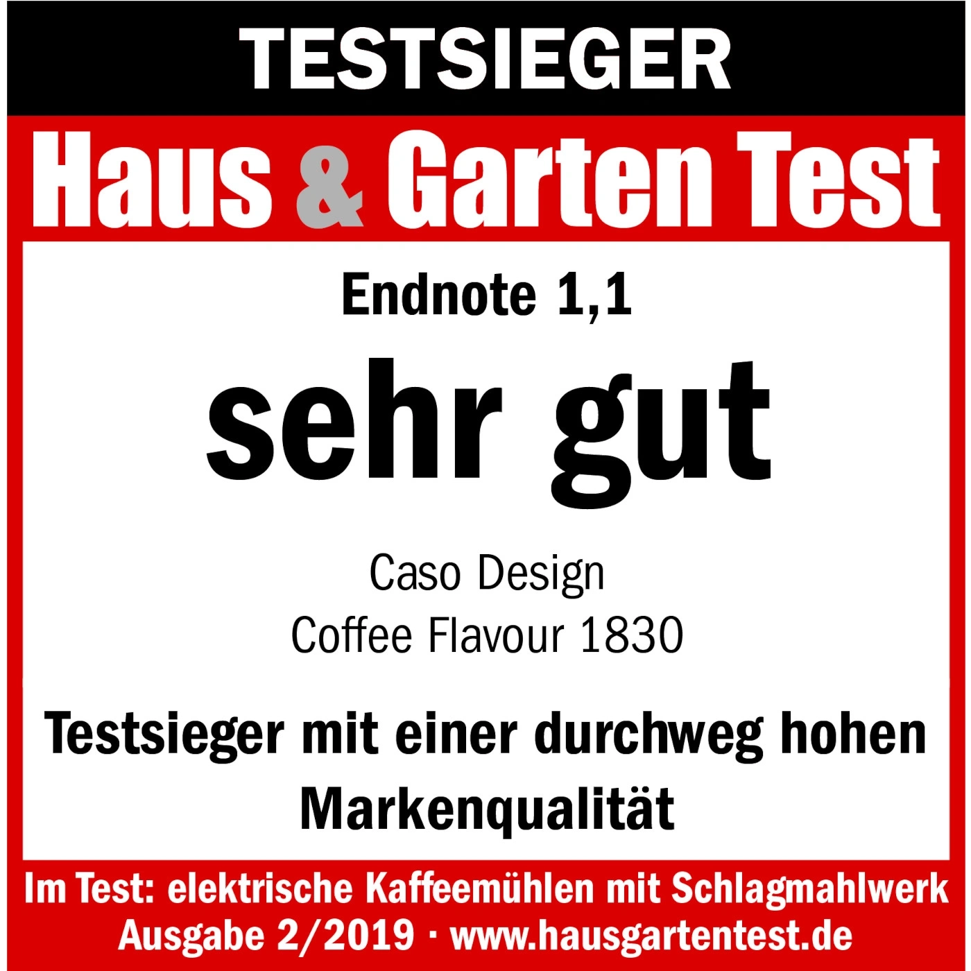 Testsieger Haus & Garten Test, Endnote 1,1, sehr gut, Caso Design Coffee Flavour 1830.