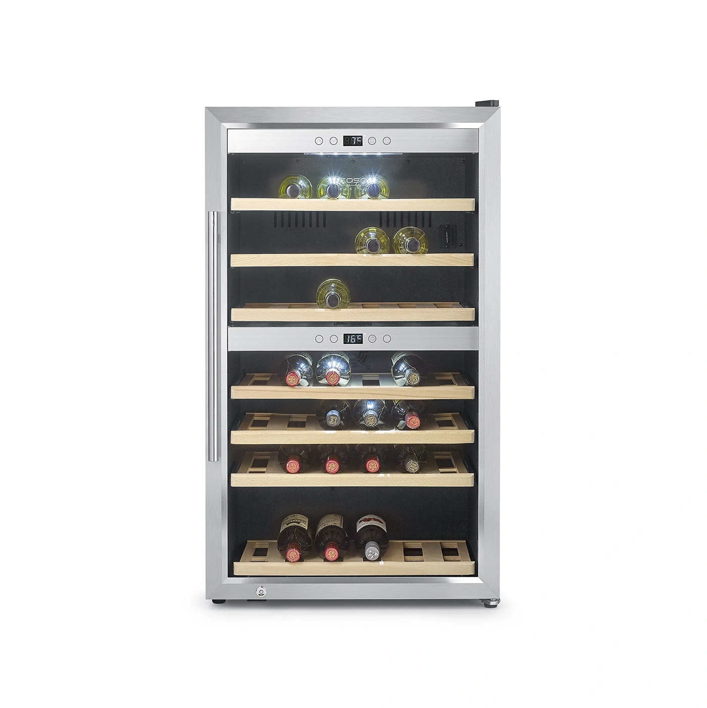 Ein silberner Weinkühlschrank mit Holzböden und Weinflaschen.