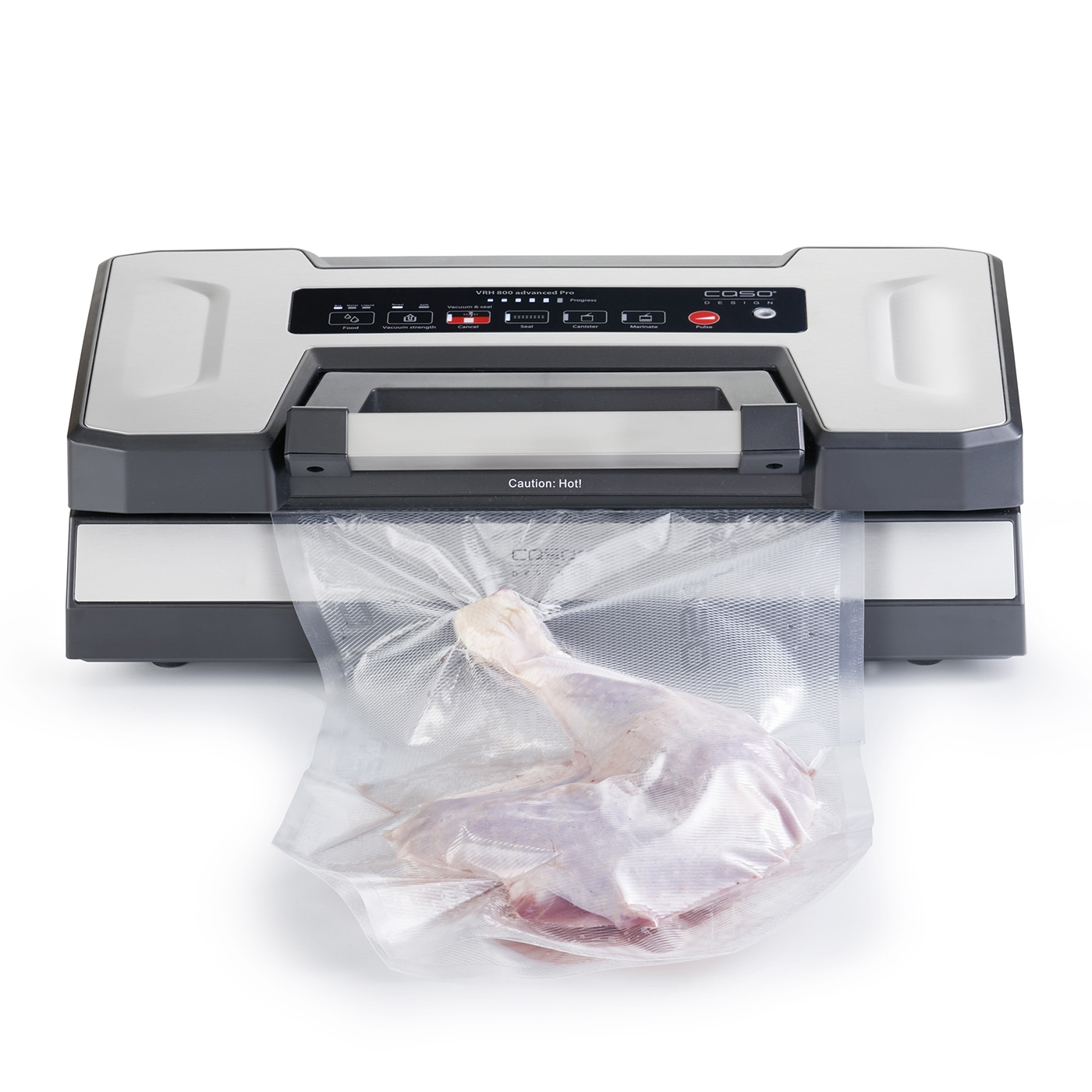 Vacuum sealer with meat in plastic bag, ready for vacuum sealing process.