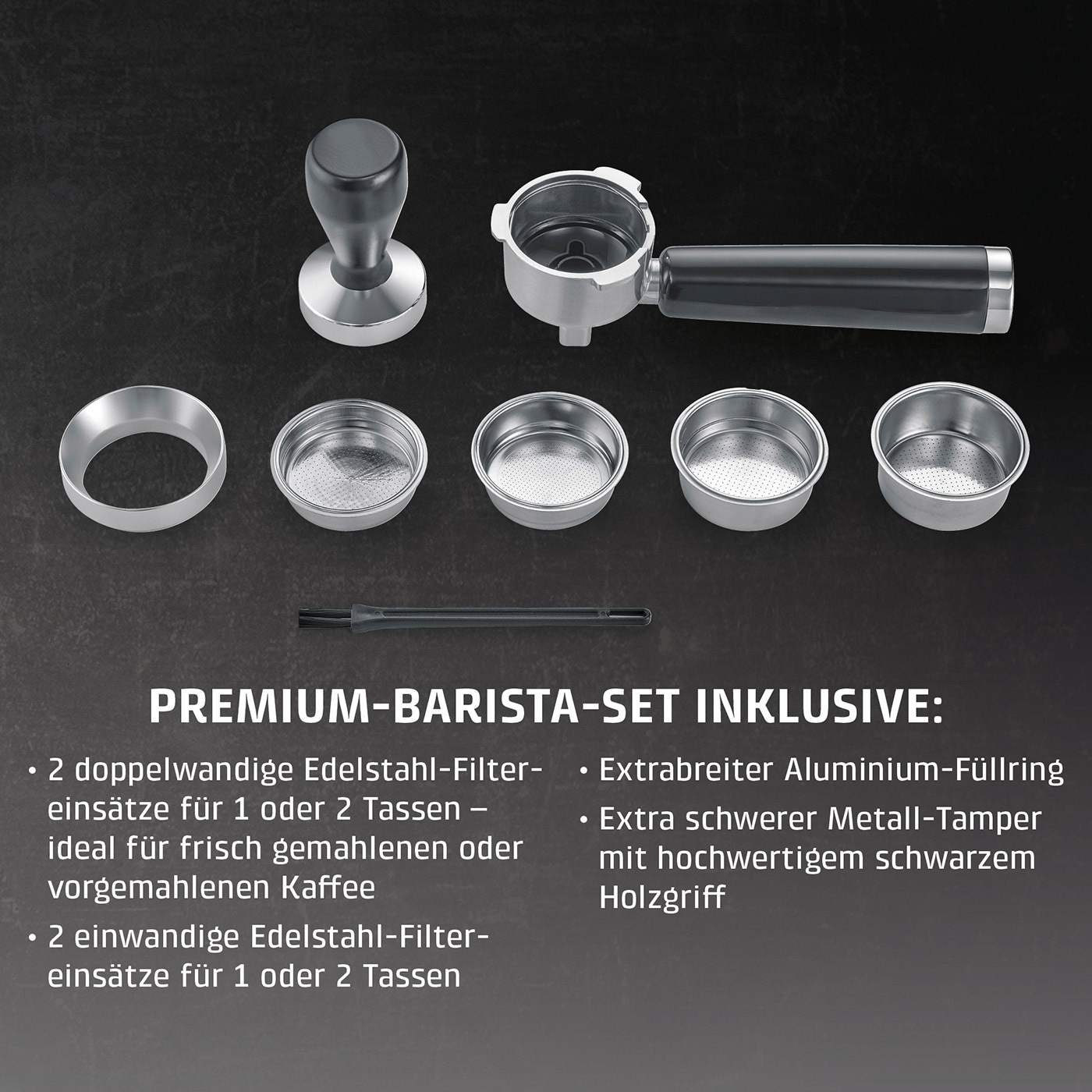 Espressomaschinen-Zubehör-Set mit Tamper, Sieben und Siebträger auf dunklem Hintergrund
