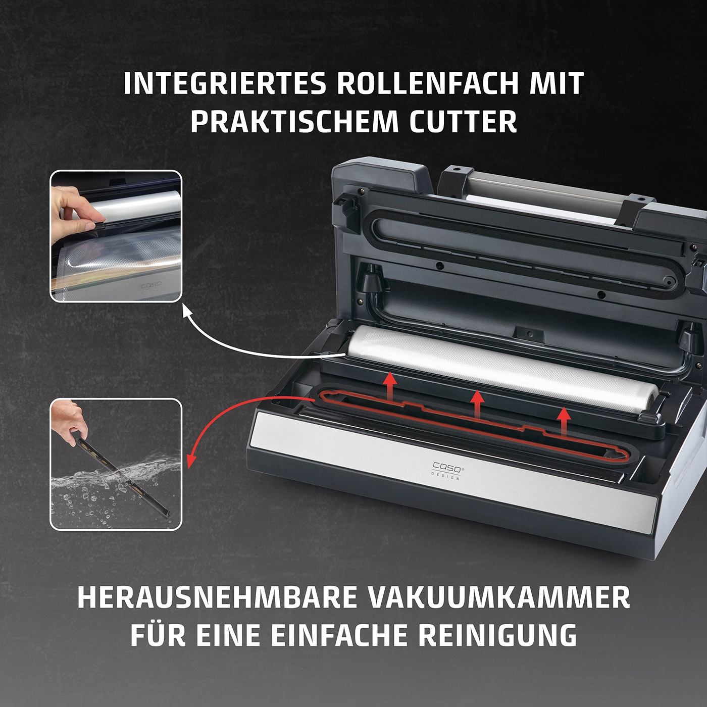 Vakuumiergerät mit Rollenfach und Cutter für einfache Reinigung