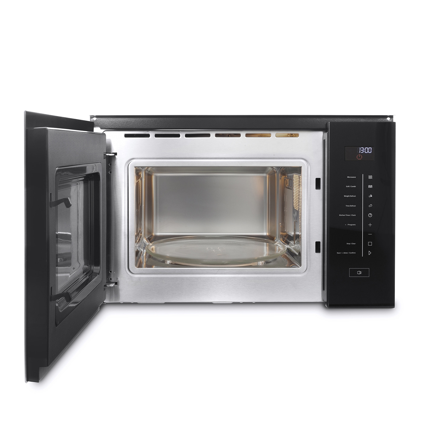 Open microwave with glass turntable and control panel showing the time