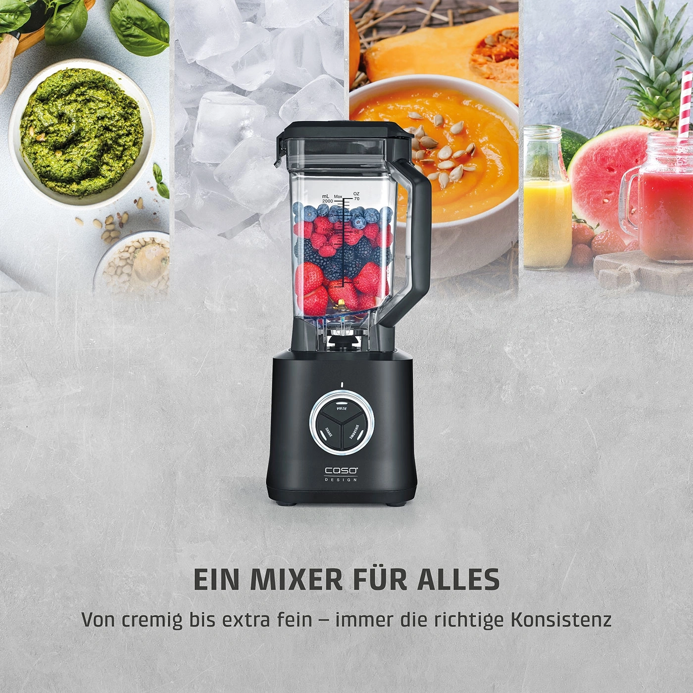 Ein Mixer zerkleinert Früchte, Eis und Gemüse zu feinen Konsistenzen.