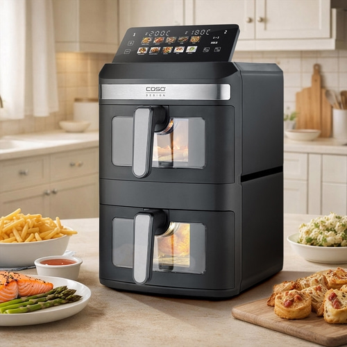 A black dual-basket air fryer cooker with various foods and ingredients around it.