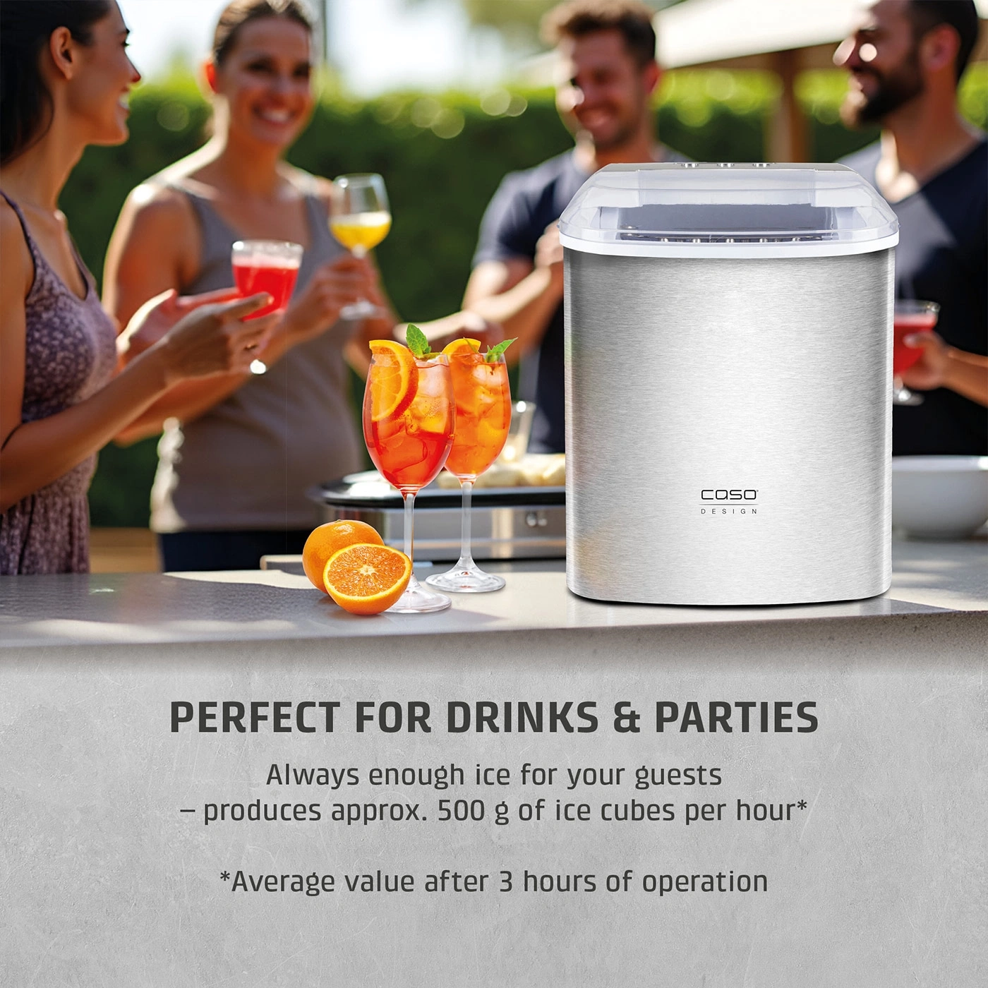 Ice maker for drinks and parties with oranges and cocktails