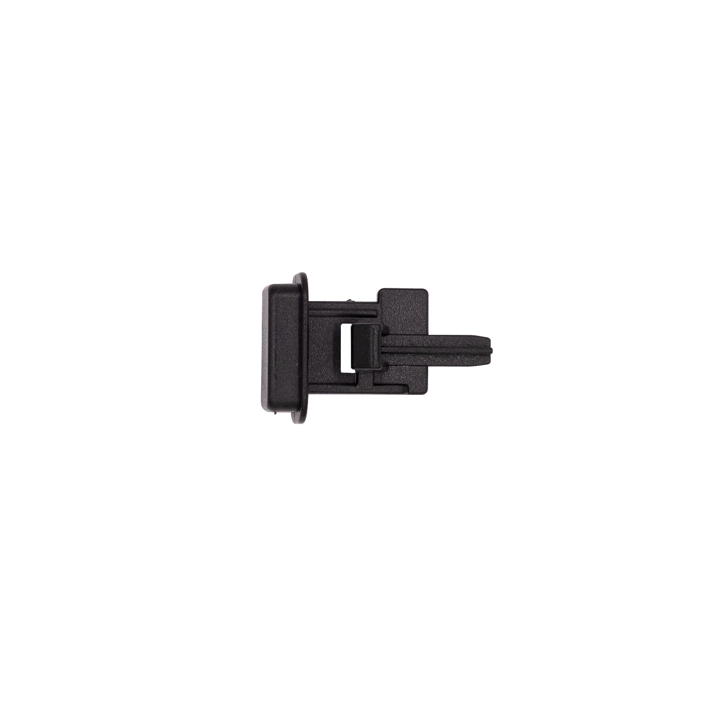 Black plastic clip isolated on white background, close-up shot of the object