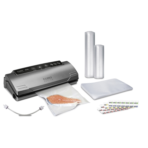 Vacuum sealer with accessories, fish in bag, rolls, bags, labels
