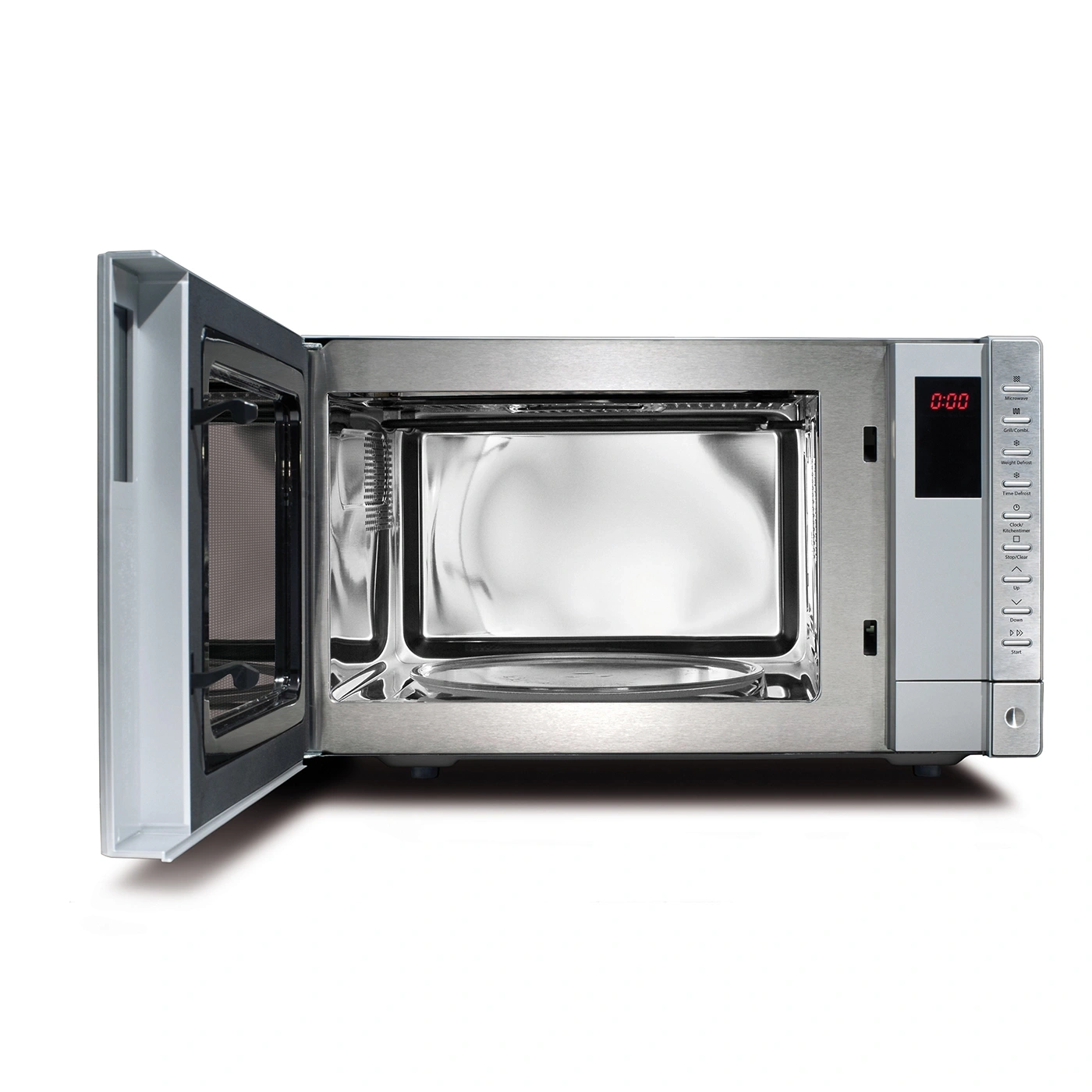 Mikrowelle mit offener Tür, Edelstahl-Design, digitales Display, Bedienfeld mit Knöpfen.