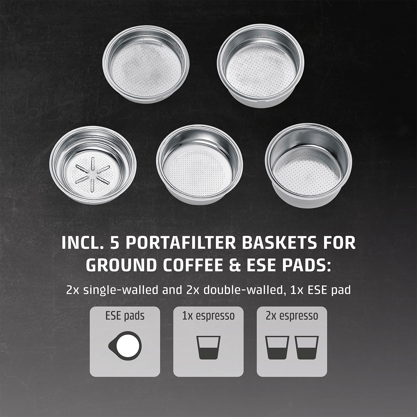 Coffee sieves for ground coffee and E.S.E. pads, 5 pieces, 2x single-walled, 2x double-walled, 1x E.S.E pad
