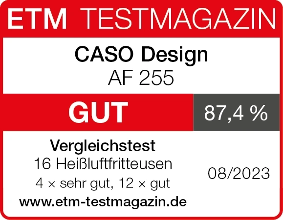 ETM Test Magazine, CASO Design AF 255, rating GOOD, 87.4%, comparison test, 08/2023